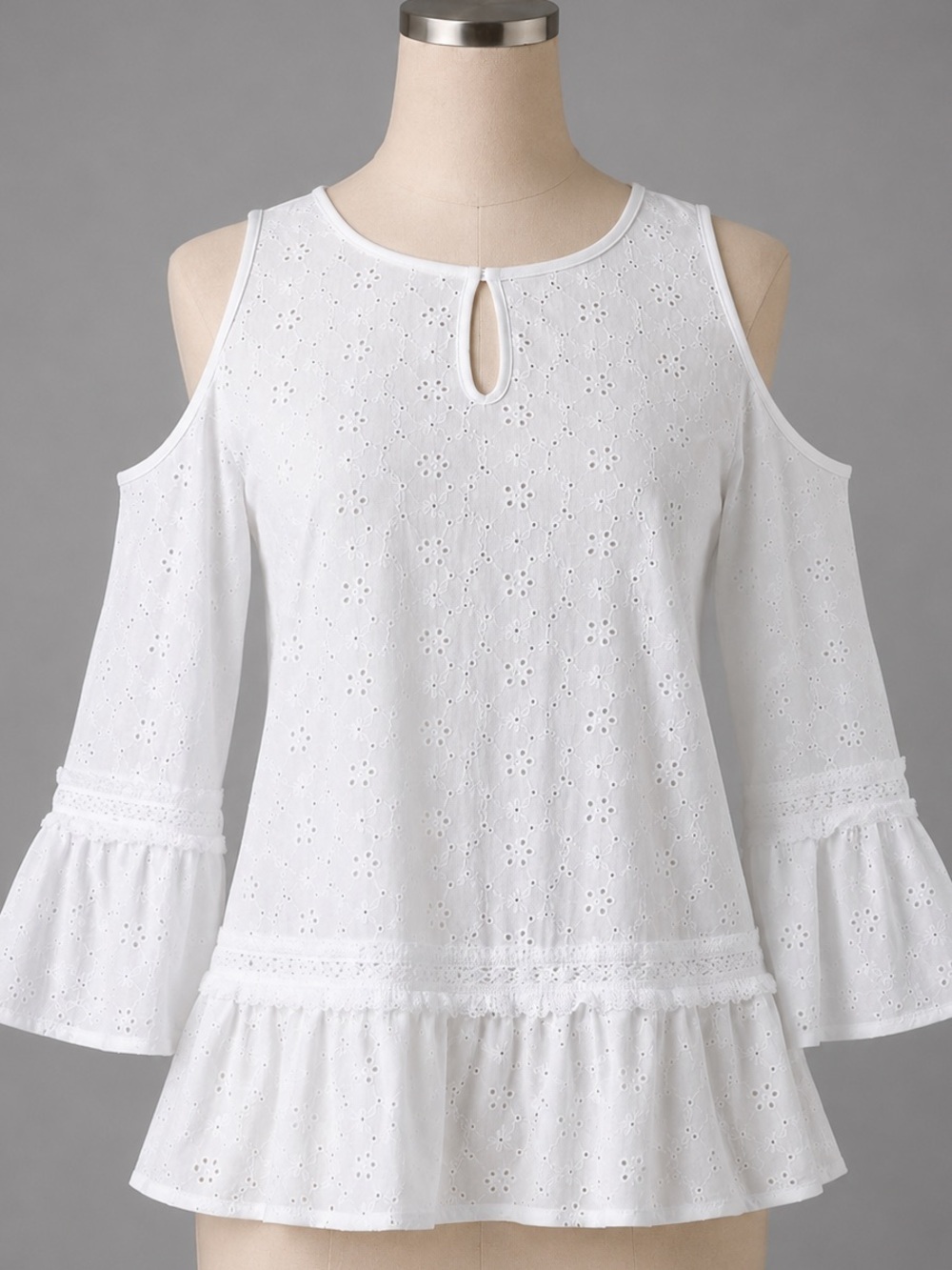 Romantic White Cold Bare Shoulder Eyelet Fringe Ruffle Dressy Shirt Top …